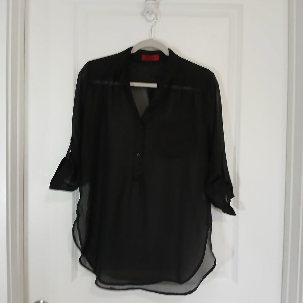 Akira Chicago Top Blouse Women’s Medium Black Sheer 3/4 Sleeve - Like New